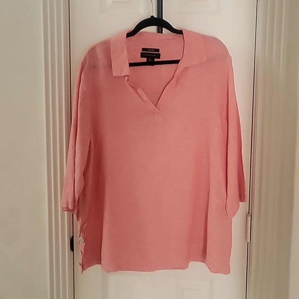 Tahari linen popover 3/4 sleeve coral blouse 2x